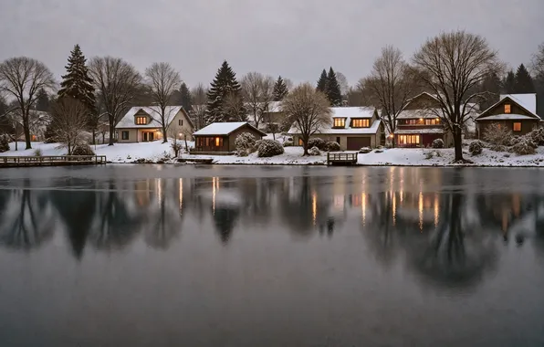 Картинка зима, снег, город, река, дома, house, хижина, nature