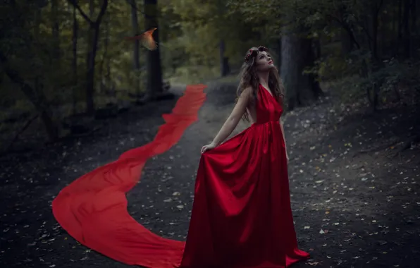 Картинка лес, девушка, птица, красное платье, Jesse Herzog, Ailish