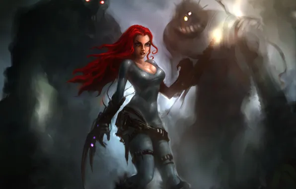 Картинка девушка, туман, оружие, арт, монстры, рыжая, Alex Ruiz