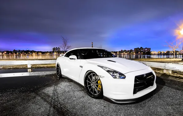 Картинка белый, вечер, ниссан, Nissan GT-R