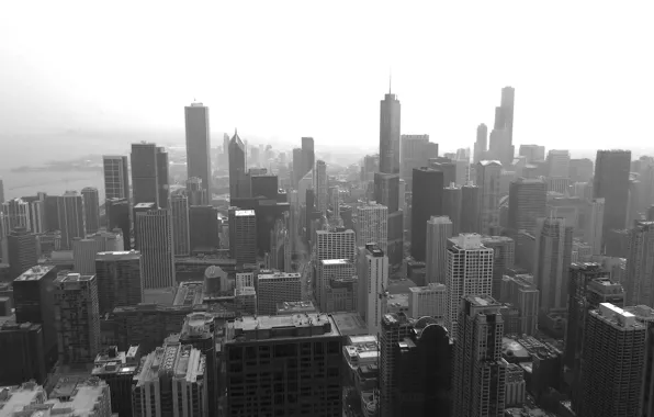 Город, Чикаго, Chicago, небоскрёбы, мегаполис, чёрно-белый