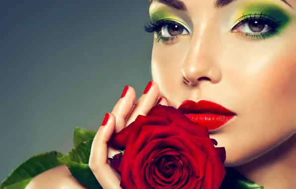 Картинка глаза, девушка, цветы, розы, губы, red, girl, rose