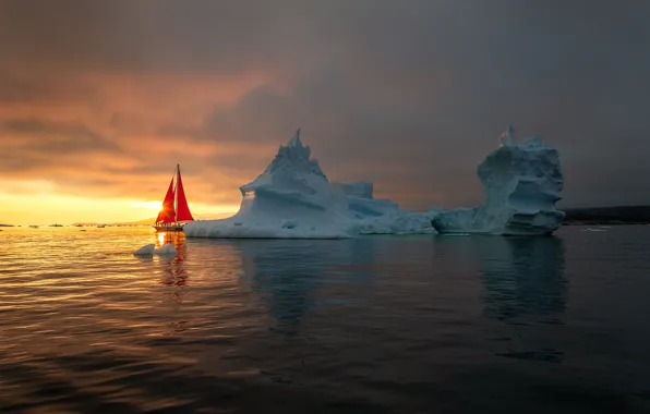 Картинка море, закат, яхта, айсберг, алые паруса, Гренландия