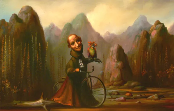 Картинка горы, велосипед, попугай, Сюрреализм, Лазарев И.А