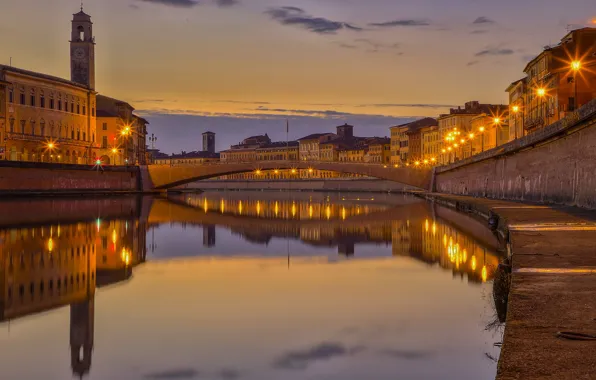 Картинка мост, Италия, Пиза, дома, огни, река