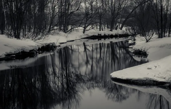 River, trees, winter, snow, reflection