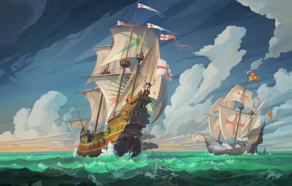 Англия, Океан, Море, Рисунок, Огонь, Бой, Парусники, Корабли