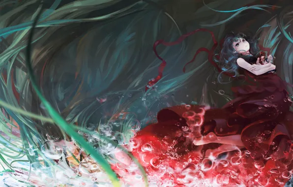 Вода, пузыри, красное платье, зеленые волосы, touhou, Kagiyama Hina, Touhou Project, Проект Восток
