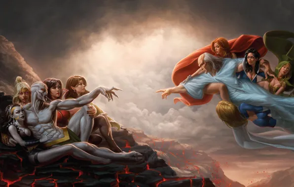 Девушки, Рисунок, Демон, Fantasy, Арт, Art, Фантастика, Сотворение Адама
