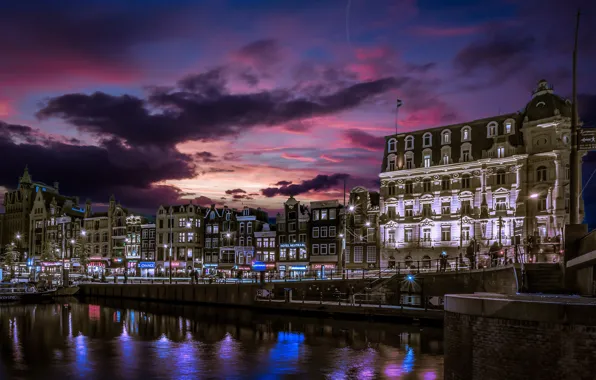Здания, дома, Амстердам, канал, Нидерланды, ночной город, набережная, Amsterdam