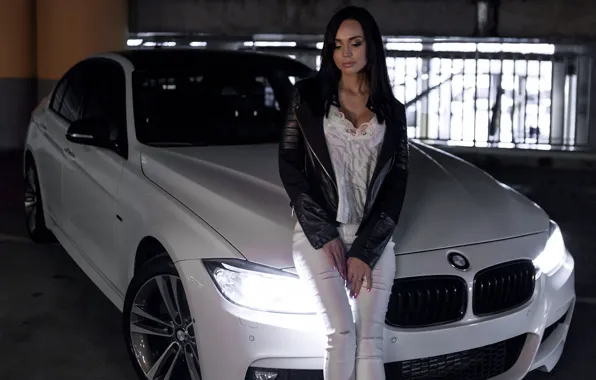 Картинка Девушки, BMW, красивая девушка, Валерия, белый авто, позирует над машиной