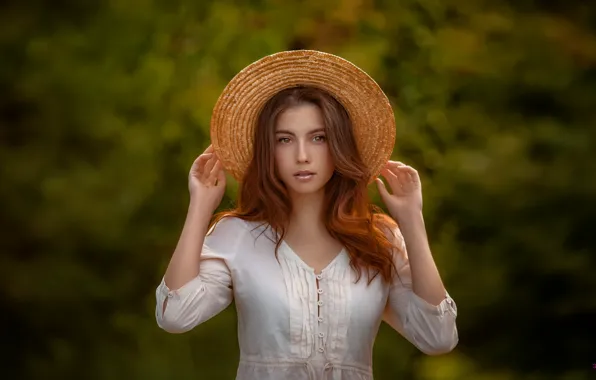 Картинка взгляд, девушка, лицо, портрет, шляпа, шатенка, красивая, боке