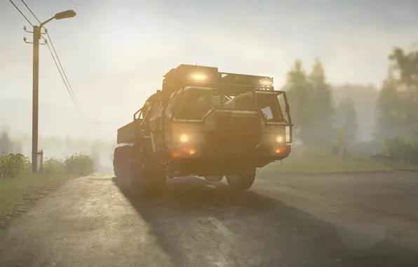 HDR, Lights, Street, Truck, Game, Military, Fog, Trees