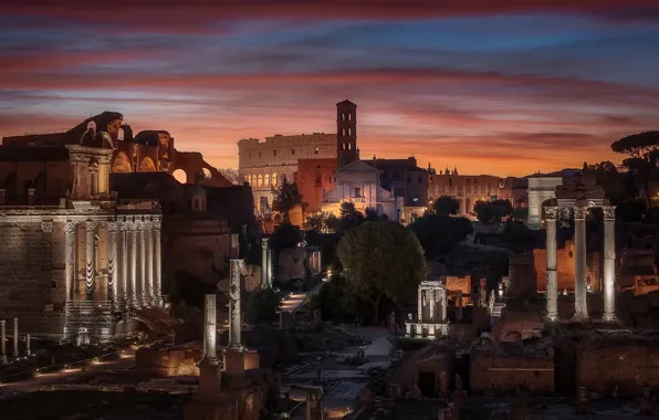 Картинка город, вечер, утро, Рим, Италия, руины