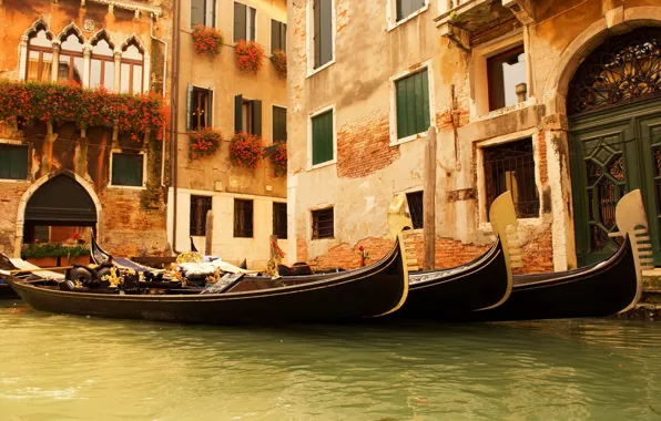 Вода, цветы, окна, дома, венеция, италия, гондолы