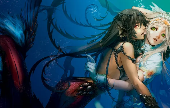 Картинка fantasy, underwater, girls, anime, red eyes, brunette, blonde, Mermaid