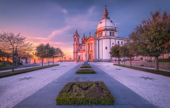 Деревья, закат, площадь, Португалия, клумбы, Portugal, Braga, Sameiro Sanctuary