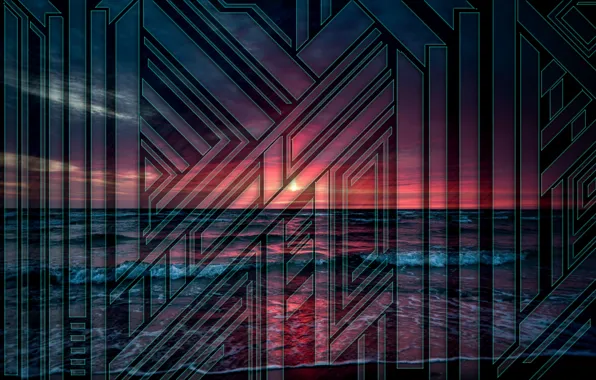 Море, волны, солнце, закат, красные, red, sea, синие