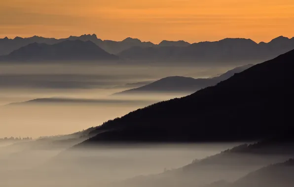Картинка небо, горы, туман, Apricot Morning