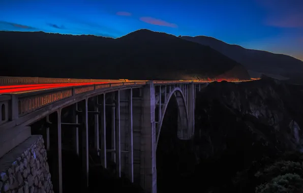Горы, ночь, мост, Калифорния, США, трассы, Bixby Creek Bridge