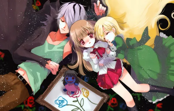 Картина, кукла, платье, парень, game, бант, трое, закрытые глаза