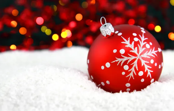 Снег, красный, узор, игрушка, шар, Новый Год, Рождество, Christmas