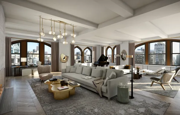 Интерьер, мегаполис, NYC, гостиная, Нью - Йорк, Flatiron Penthouse