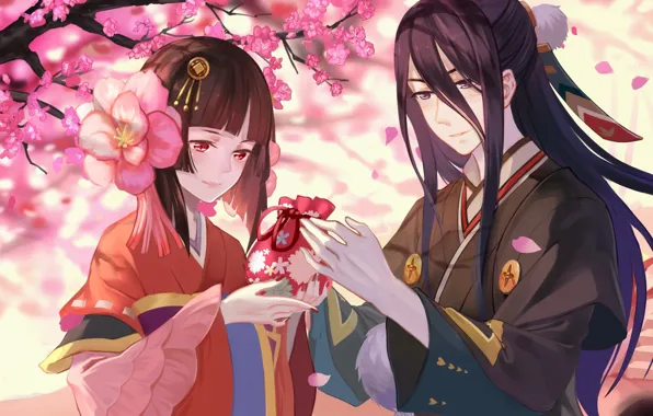 Love, anime, sakura, japanese, kimono, bishojo, Onmyouji