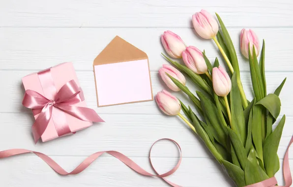 Цветы, подарок, букет, тюльпаны, розовые, wood, pink, flowers