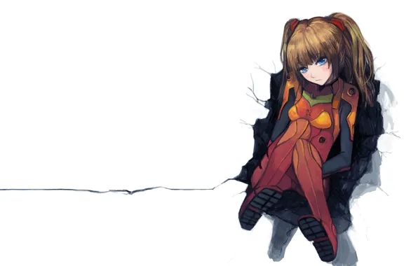 Рыжая, голубые глаза, Neon Genesis Evangelion, art, Asuka Langley Soryu, трещина, два хвостика, комбинезон.