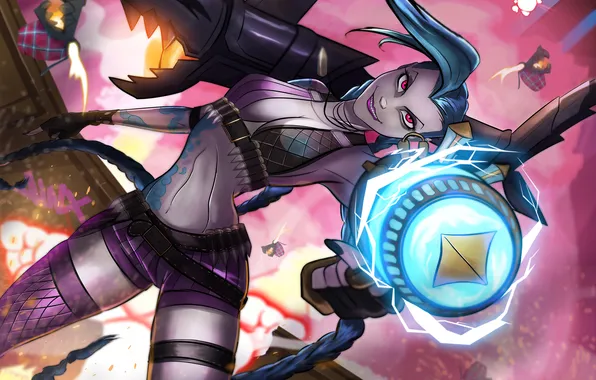 Грудь, взгляд, девушка, арт, базука, League of Legends, jinx, the loose cannon