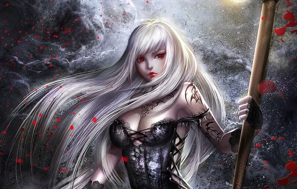 Грудь, взгляд, девушка, красавица, корсет, белые волосы, seira