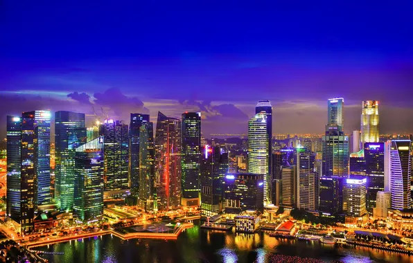 Картинка ночь, огни, небоскребы, Сингапур