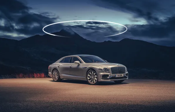 Горы, Bentley, сумерки, Flying Spur, 2020, Blackline