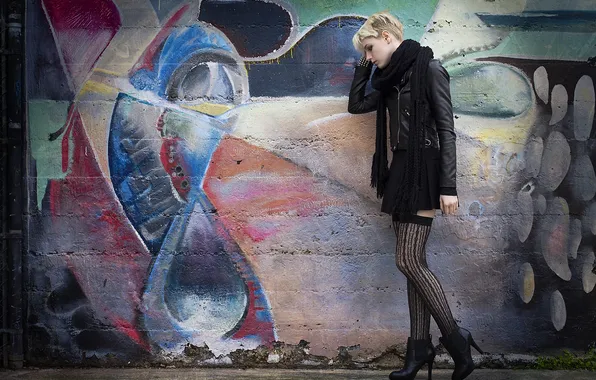 Картинка graffiti, stockings, short hair, women, blonde, scarf, jacket, miniskirt
