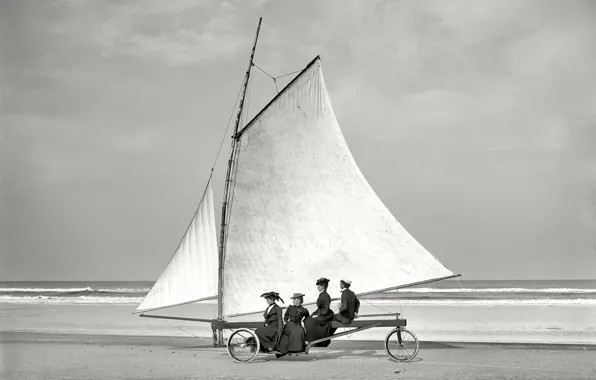 Ретро, дамы, колеса, парус, США, 1900-й год, буер