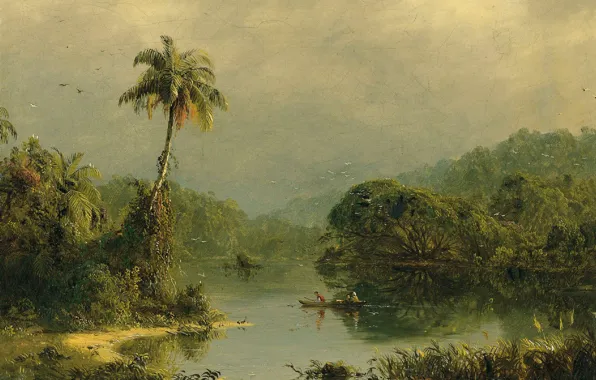 Природа, пальма, река, лодка, картина, Фредерик Эдвин Чёрч, Тропический Пейзаж