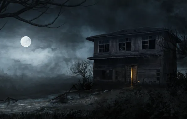 Ночь, дом, дерево, луна, болото, haunted house
