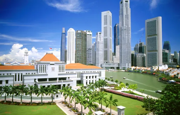 Картинка река, пальмы, небоскрёбы, Singapore, посольство