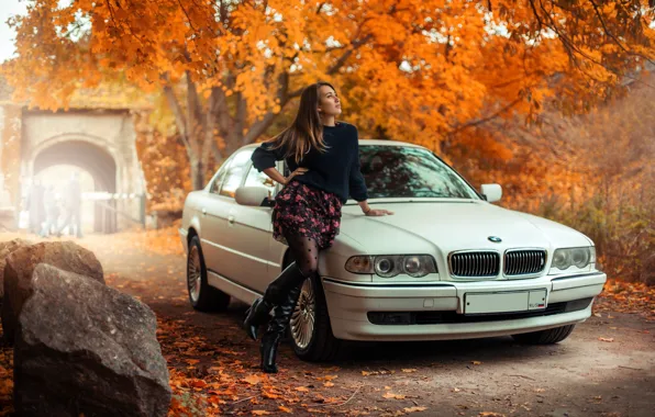 Авто, осень, взгляд, поза, фото, юбка, BMW, красотка