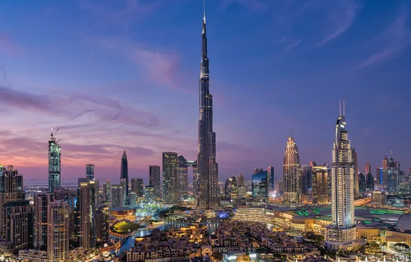 Здания, дома, панорама, Дубай, ночной город, Dubai, небоскрёбы, ОАЭ