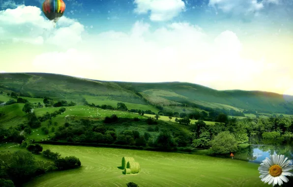 Картинка поле, воздушный шар, Холмы