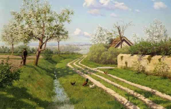 Дорога, крыша, трава, деревья, пейзаж, картина, весна, деревня