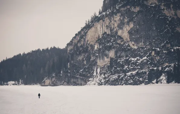 Winter, mountain, lake, man, frozen, cliff, woodland