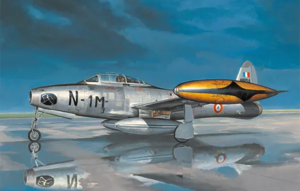 Картинка war, art, airplane, painting, aviation, jet, Republic F-84 Thunderjet