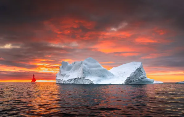 Море, закат, парусник, аисберг