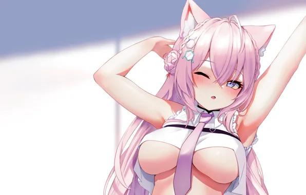 Girl, sexy, cleavage, pink hair, long hair, boobs, animal ears, anime