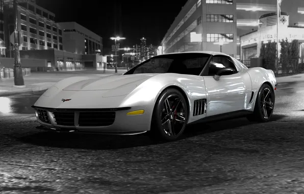 Картинка auto, чёрно белое фото ночной город, сhevrolet corvet