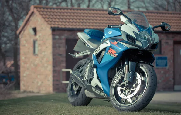 Деревья, синий, здание, мотоцикл, suzuki, blue, сузуки, gsx-r750