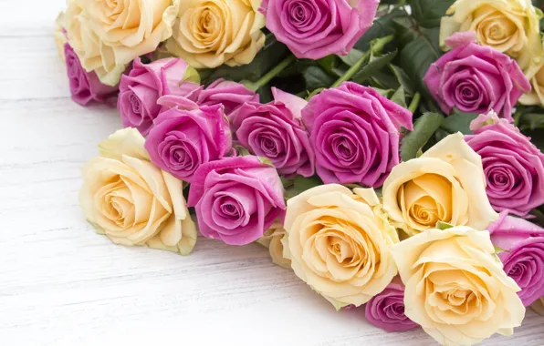 Картинка цветы, розы, букет, желтые, розовые, бутоны, pink, flowers